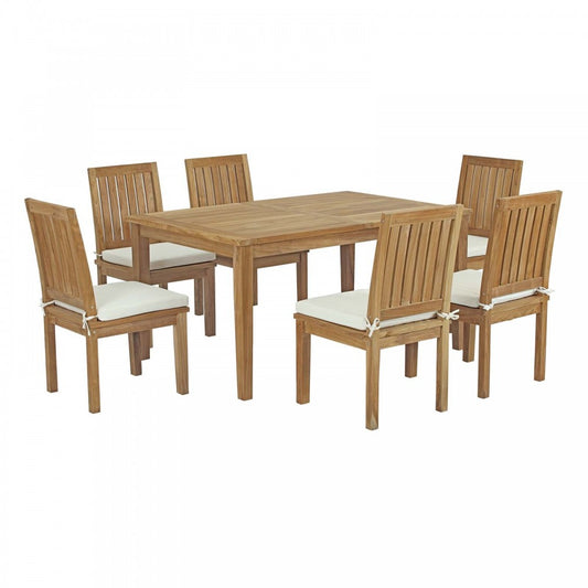 Marina 7 Piece Outdoor Patio Teak Dining Set, Natural White, EEI-3293-NAT-WHI-SET