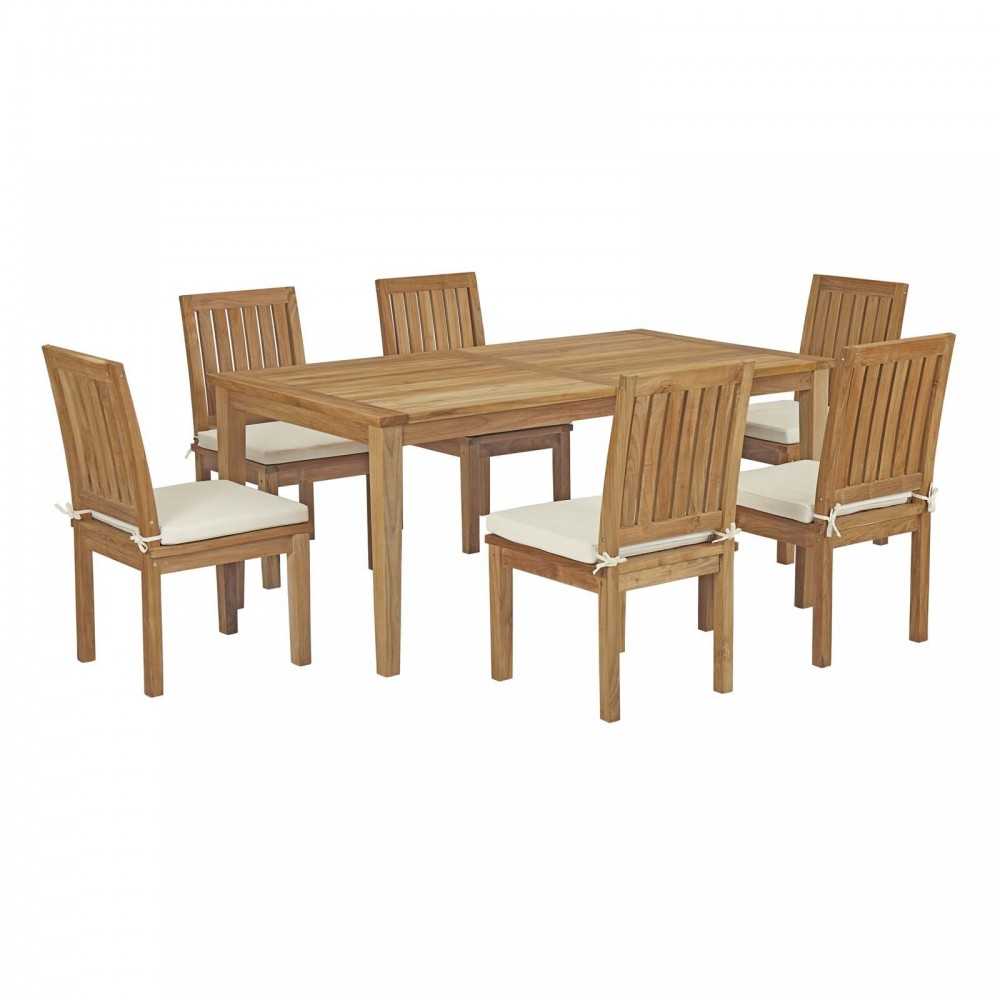 Marina 7 Piece Outdoor Patio Teak Dining Set, Natural White, EEI-3294-NAT-WHI-SET