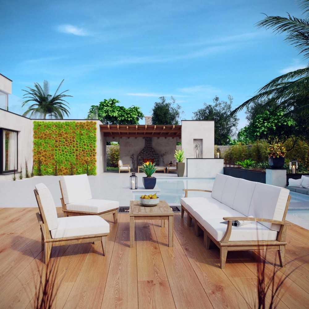 Marina 7 Piece Outdoor Patio Teak Set, Natural White, EEI-1481-NAT-WHI-SET