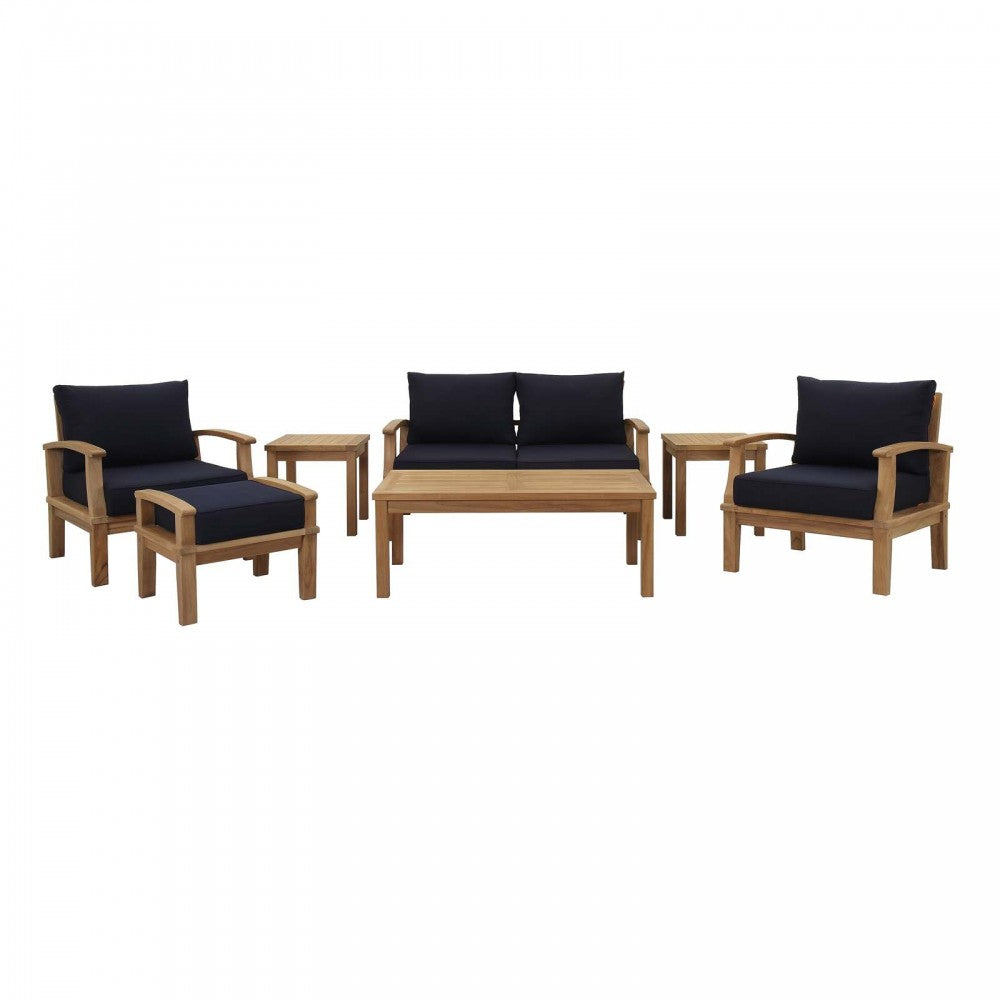 Marina 7 Piece Outdoor Patio Teak Set, Natural Navy, EEI-1486-NAT-NAV-SET