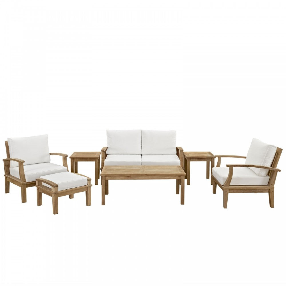 Marina 7 Piece Outdoor Patio Teak Set, Natural White, EEI-1486-NAT-WHI-SET