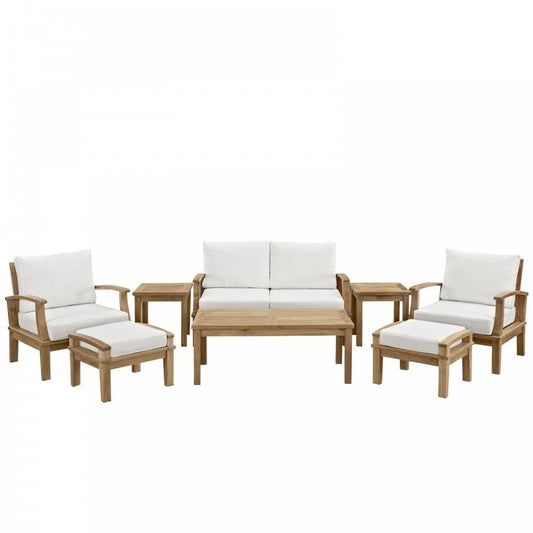 Marina 8 Piece Outdoor Patio Teak Set, Natural White, EEI-1471-NAT-WHI-SET