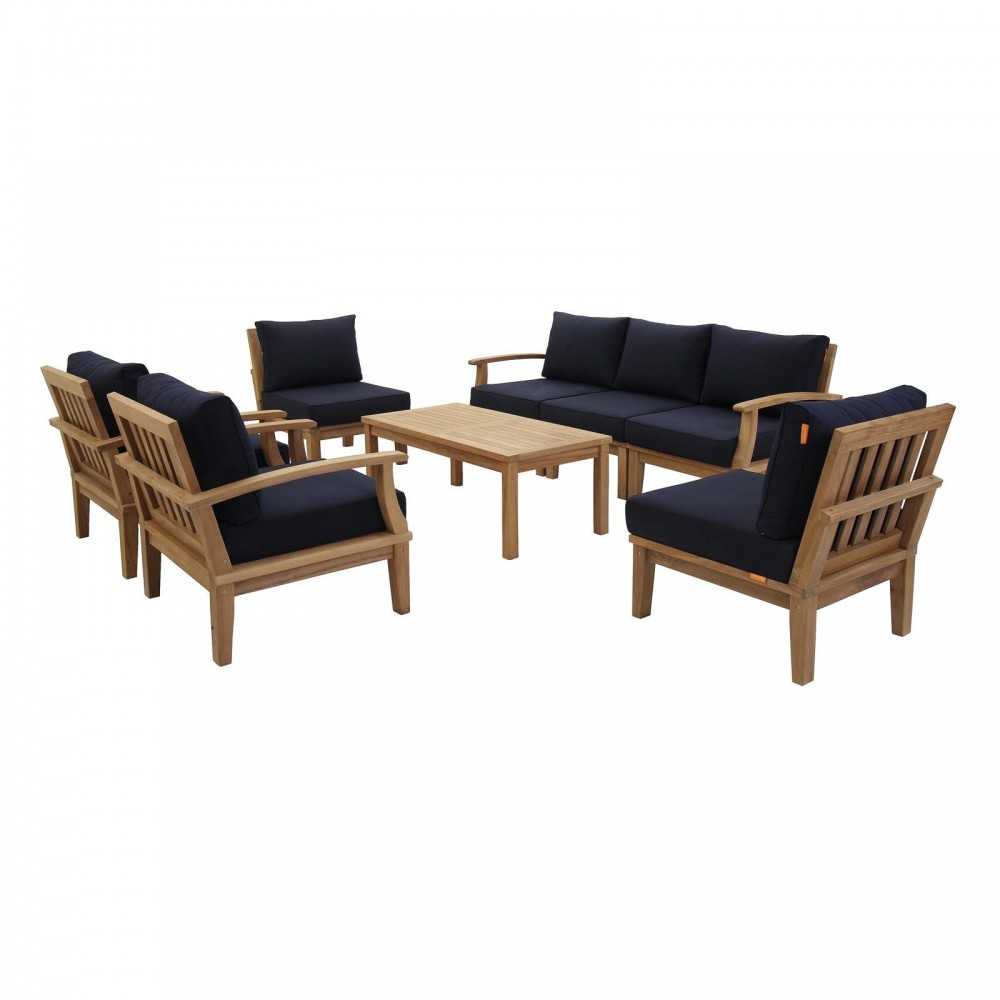 Marina 8 Piece Outdoor Patio Teak Set, Natural Navy, EEI-1479-NAT-NAV-SET