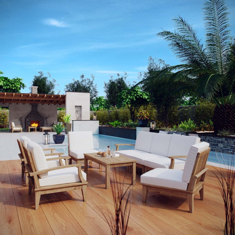 Marina 8 Piece Outdoor Patio Teak Set, Natural White, EEI-1479-NAT-WHI-SET