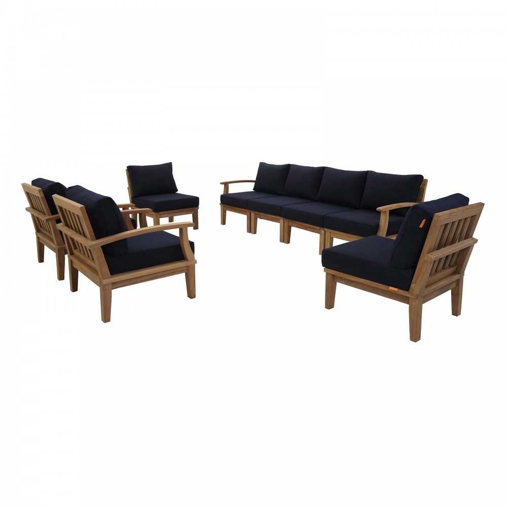 Marina 8 Piece Outdoor Patio Teak Set, Natural Navy, EEI-1817-NAT-NAV-SET