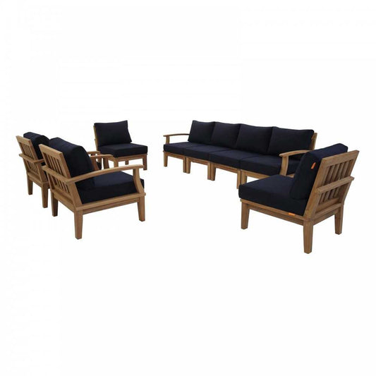 Marina 8 Piece Outdoor Patio Teak Set, Natural Navy, EEI-1817-NAT-NAV-SET