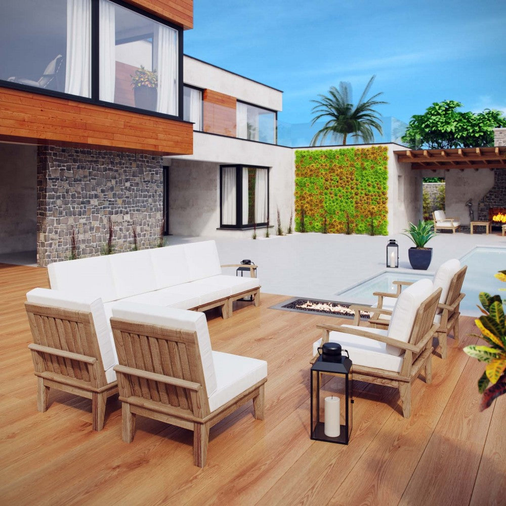 Marina 8 Piece Outdoor Patio Teak Set, Natural White, EEI-1817-NAT-WHI-SET