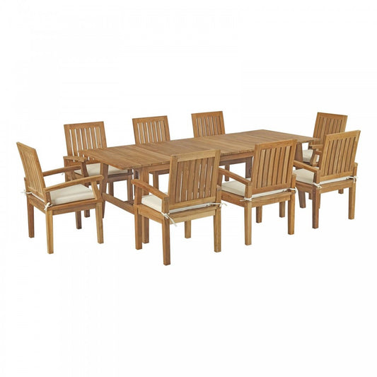 Marina 9 Piece Outdoor Patio Teak Dining Set, Natural White, EEI-3312-NAT-WHI-SET