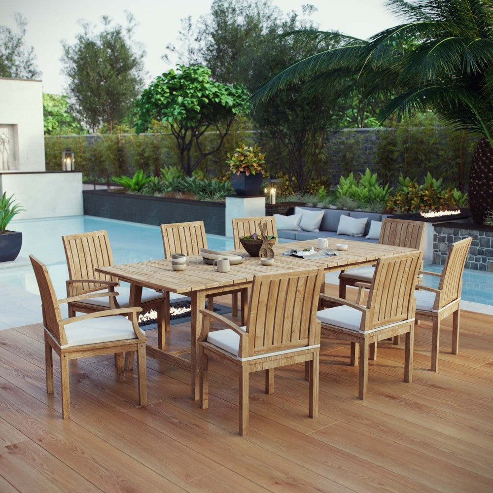 Marina 9 Piece Outdoor Patio Teak Dining Set, Natural White, EEI-3312-NAT-WHI-SET