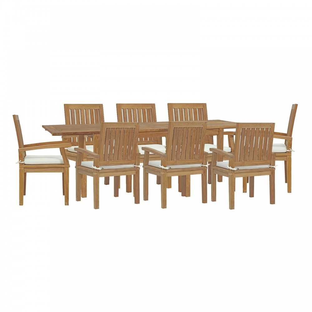 Marina 9 Piece Outdoor Patio Teak Dining Set, Natural White, EEI-4034-NAT-WHI-SET