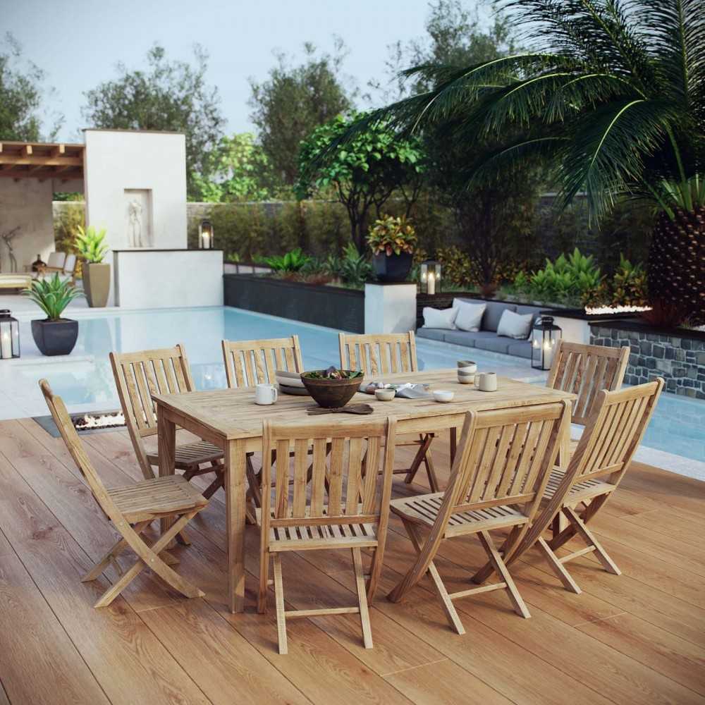Marina 9 Piece Outdoor Patio Teak Dining Set, Natural, EEI-3204-NAT-SET