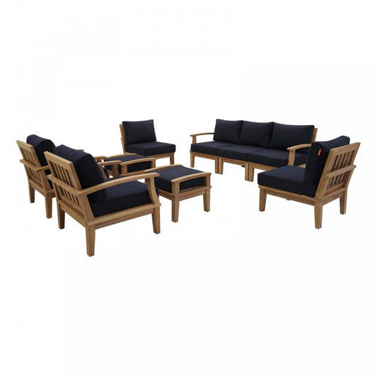 Marina 9 Piece Outdoor Patio Teak Set, Natural Navy