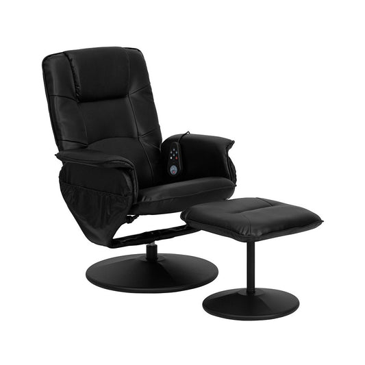 Massaging Adjustable Recliner with Deep Side Pockets and Ottoman with Wrapped Base in Black LeatherSoft