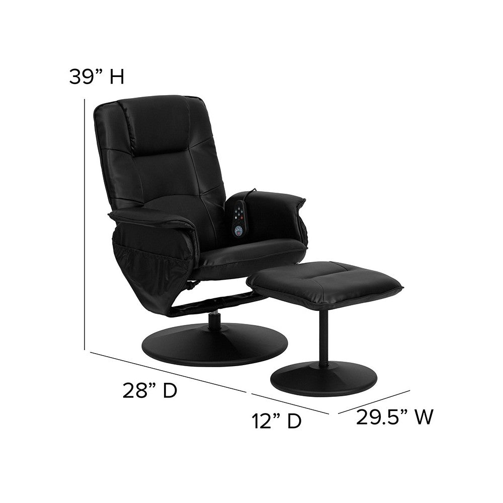 Massaging Adjustable Recliner with Deep Side Pockets and Ottoman with Wrapped Base in Black LeatherSoft