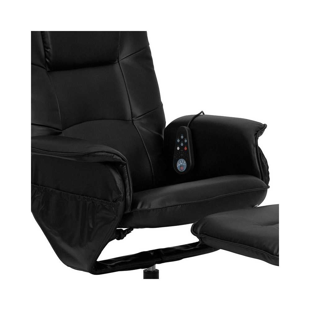 Massaging Adjustable Recliner with Deep Side Pockets and Ottoman with Wrapped Base in Black LeatherSoft