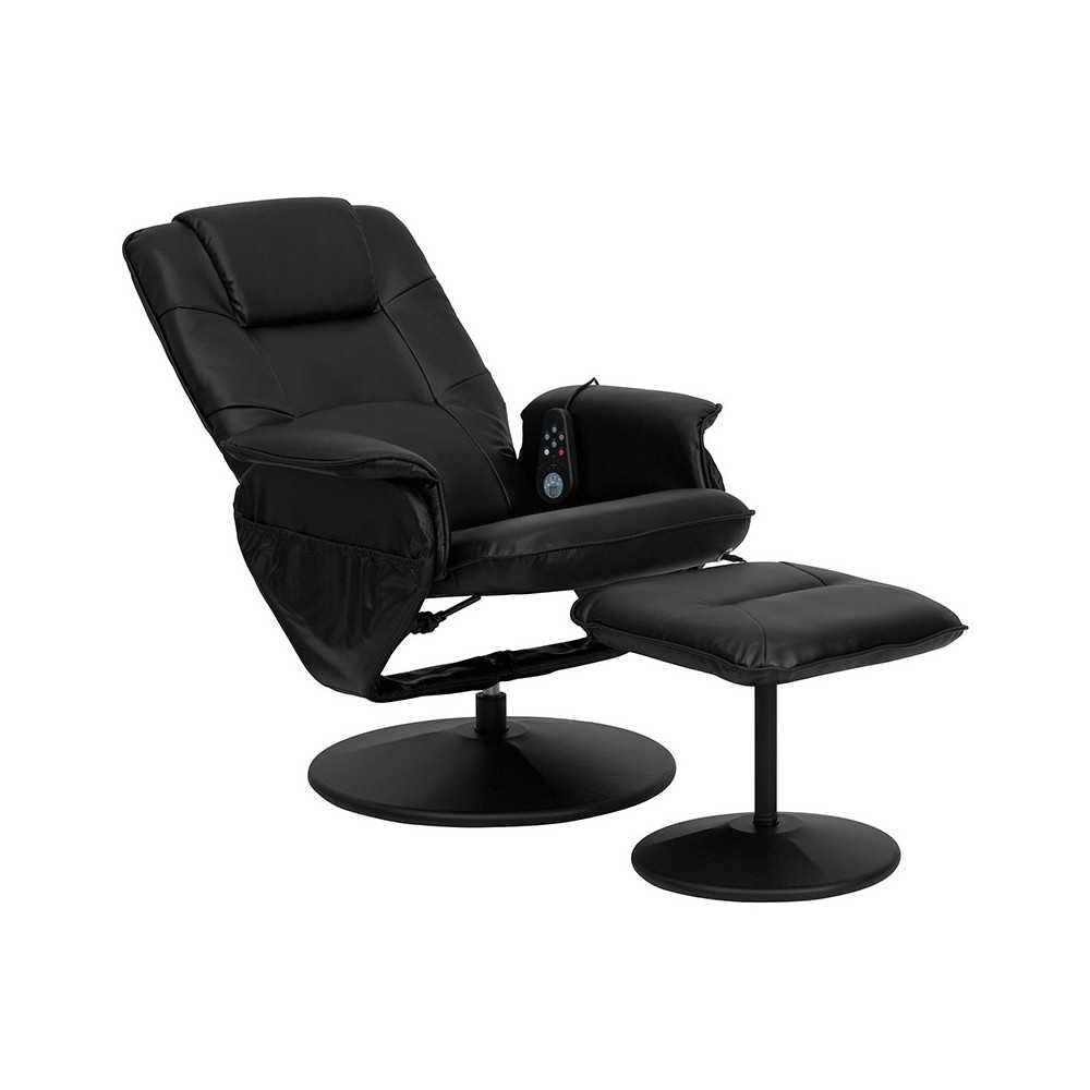 Massaging Adjustable Recliner with Deep Side Pockets and Ottoman with Wrapped Base in Black LeatherSoft