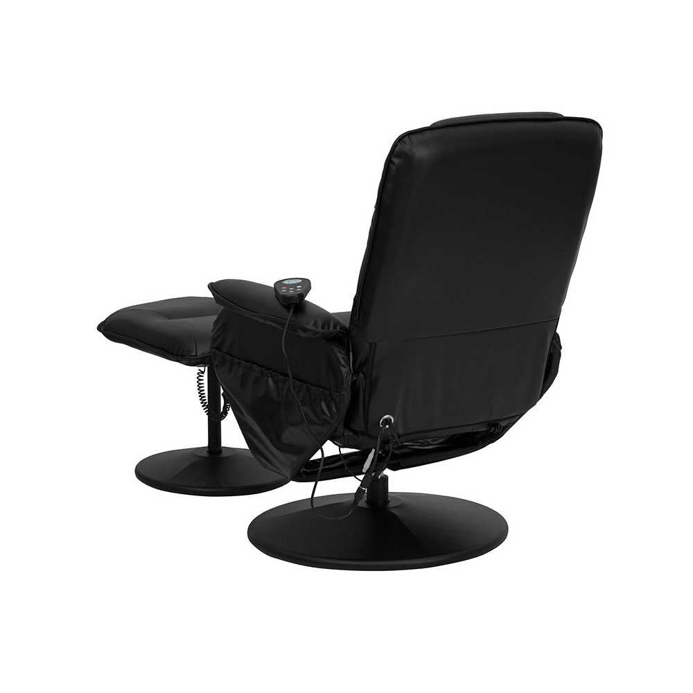 Massaging Adjustable Recliner with Deep Side Pockets and Ottoman with Wrapped Base in Black LeatherSoft