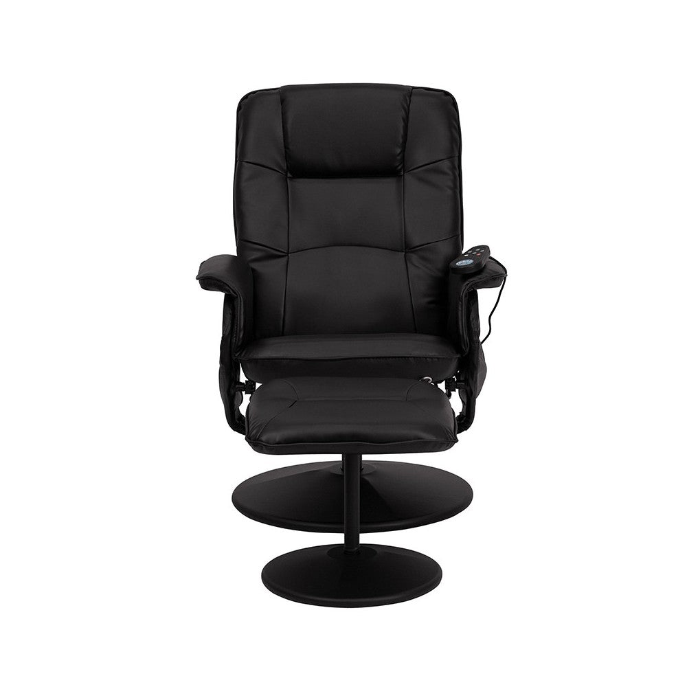 Massaging Adjustable Recliner with Deep Side Pockets and Ottoman with Wrapped Base in Black LeatherSoft