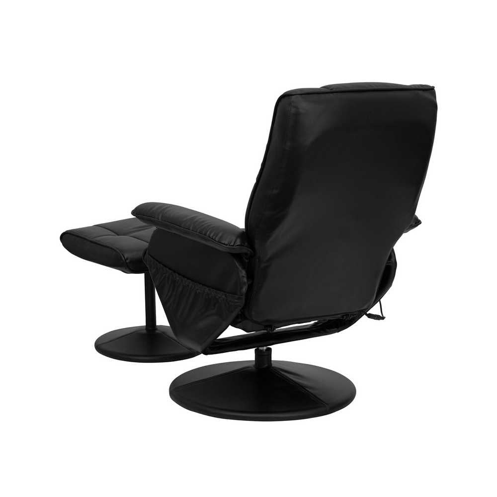 Massaging Heat Controlled Adjustable Recliner and Ottoman with Wrapped Base in Black LeatherSoft