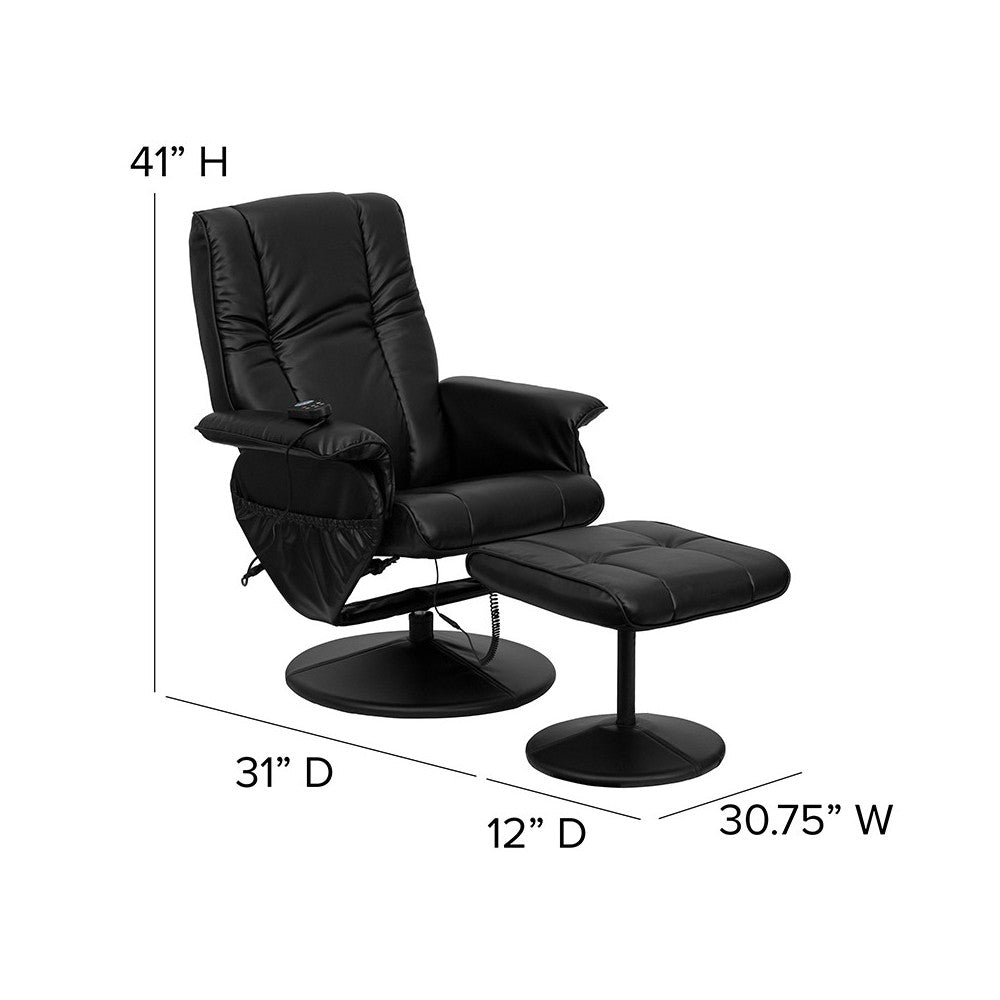 Massaging Heat Controlled Adjustable Recliner and Ottoman with Wrapped Base in Black LeatherSoft