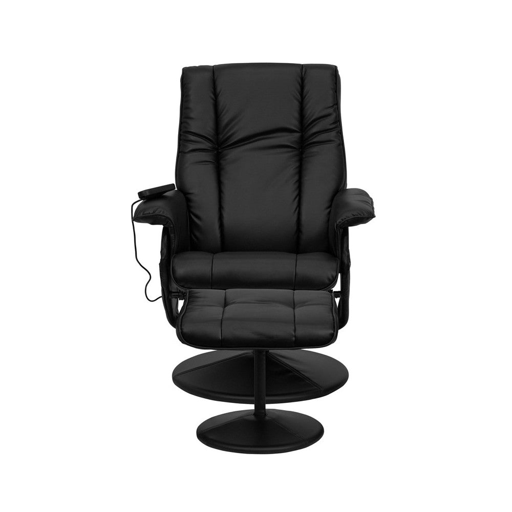 Massaging Heat Controlled Adjustable Recliner and Ottoman with Wrapped Base in Black LeatherSoft