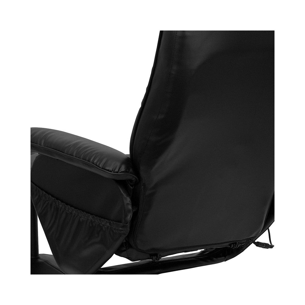 Massaging Heat Controlled Adjustable Recliner and Ottoman with Wrapped Base in Black LeatherSoft