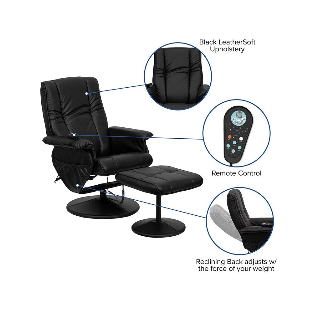 Massaging Heat Controlled Adjustable Recliner and Ottoman with Wrapped Base in Black LeatherSoft
