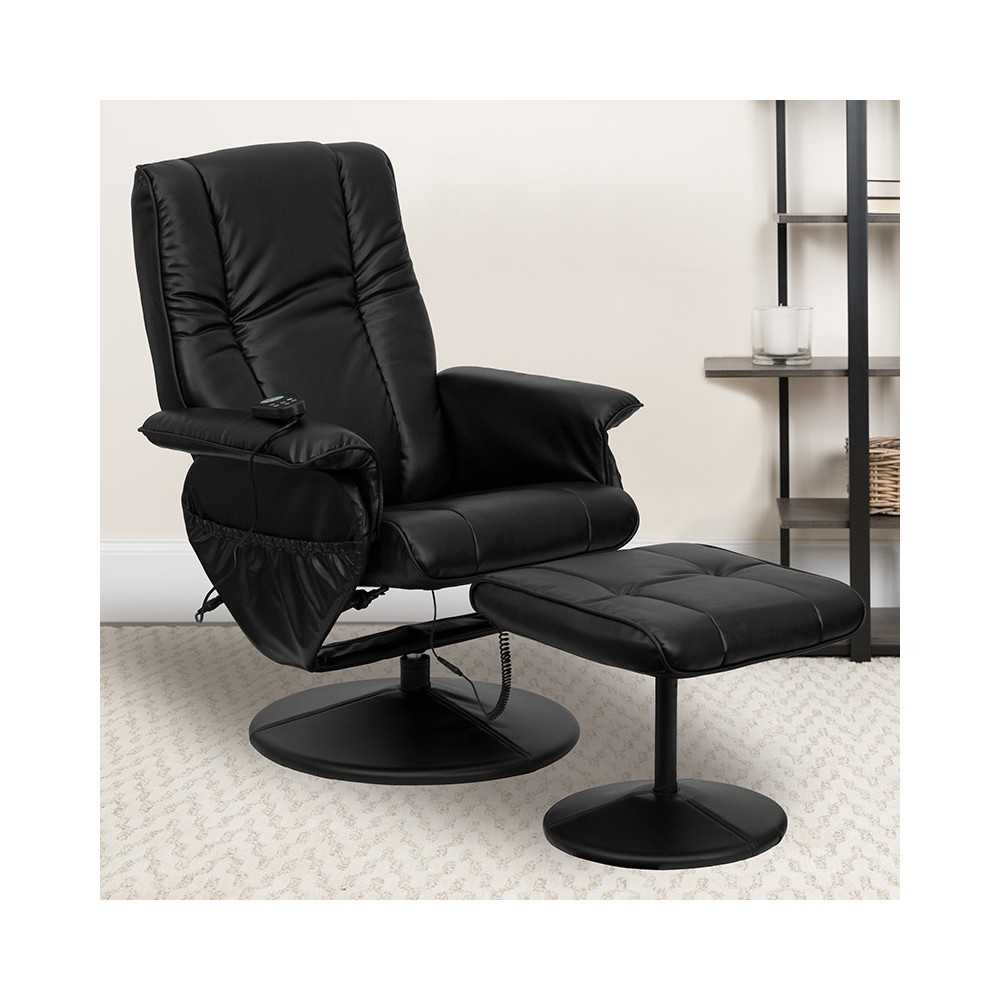 Massaging Heat Controlled Adjustable Recliner and Ottoman with Wrapped Base in Black LeatherSoft