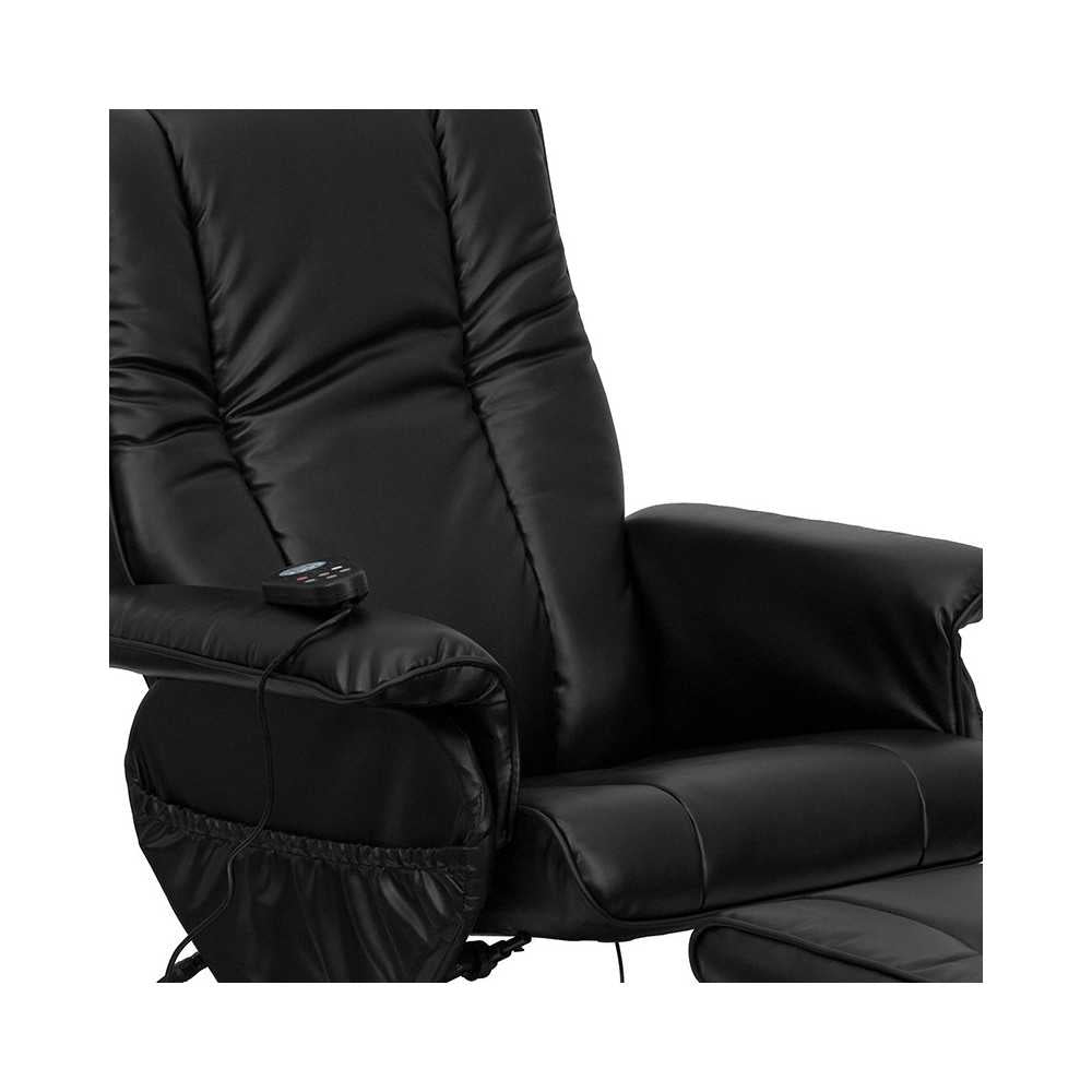 Massaging Heat Controlled Adjustable Recliner and Ottoman with Wrapped Base in Black LeatherSoft