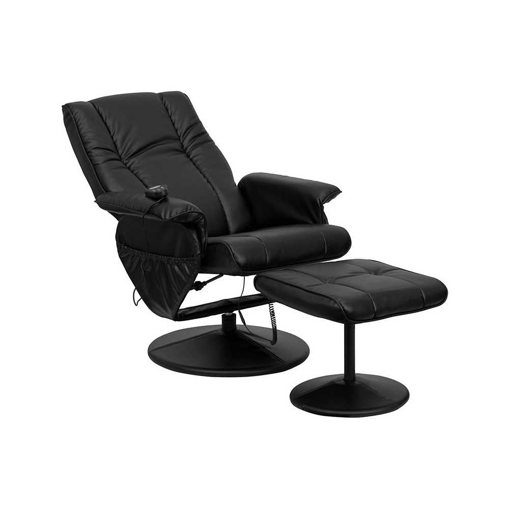Massaging Heat Controlled Adjustable Recliner and Ottoman with Wrapped Base in Black LeatherSoft