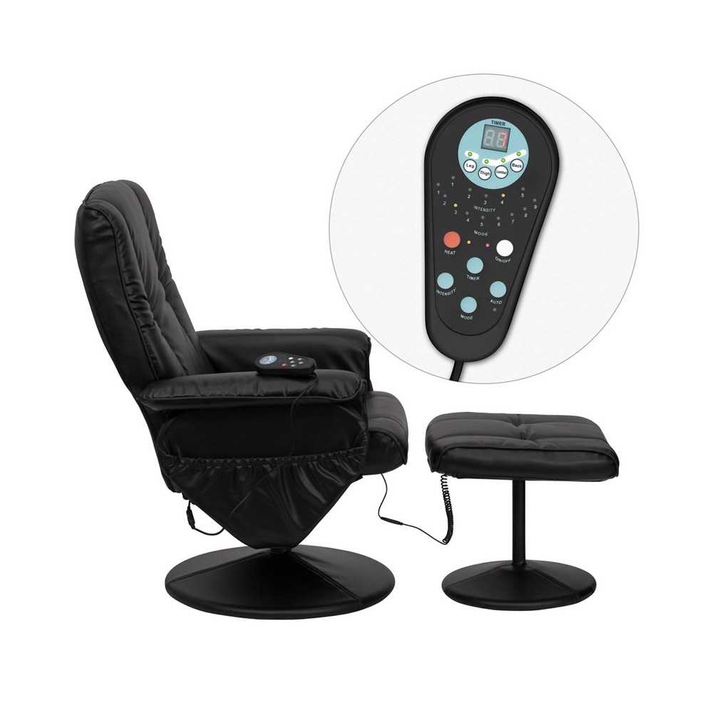 Massaging Heat Controlled Adjustable Recliner and Ottoman with Wrapped Base in Black LeatherSoft