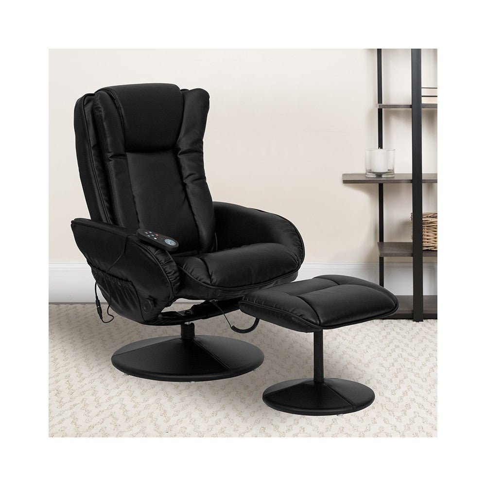 Massaging Multi-Position Plush Recliner with Side Pocket and Ottoman in Black LeatherSoft