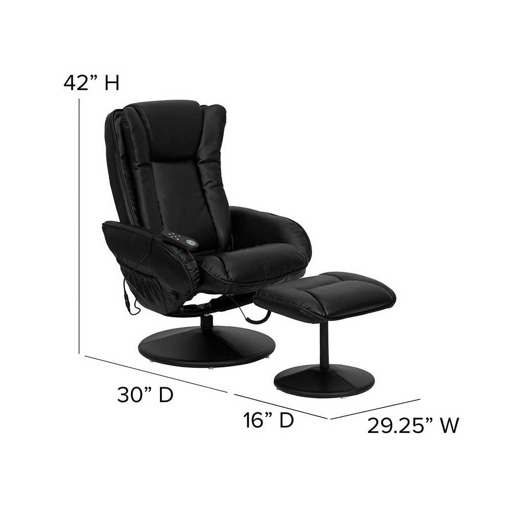 Massaging Multi-Position Plush Recliner with Side Pocket and Ottoman in Black LeatherSoft