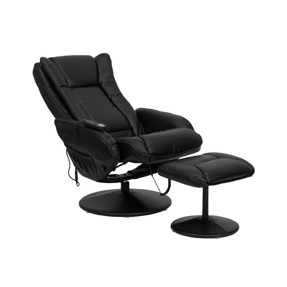 Massaging Multi-Position Plush Recliner with Side Pocket and Ottoman in Black LeatherSoft