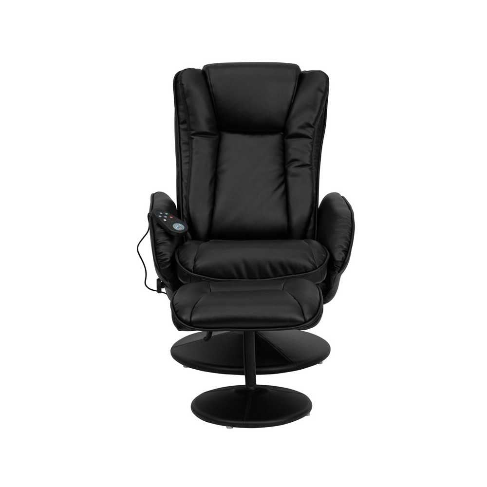 Massaging Multi-Position Plush Recliner with Side Pocket and Ottoman in Black LeatherSoft