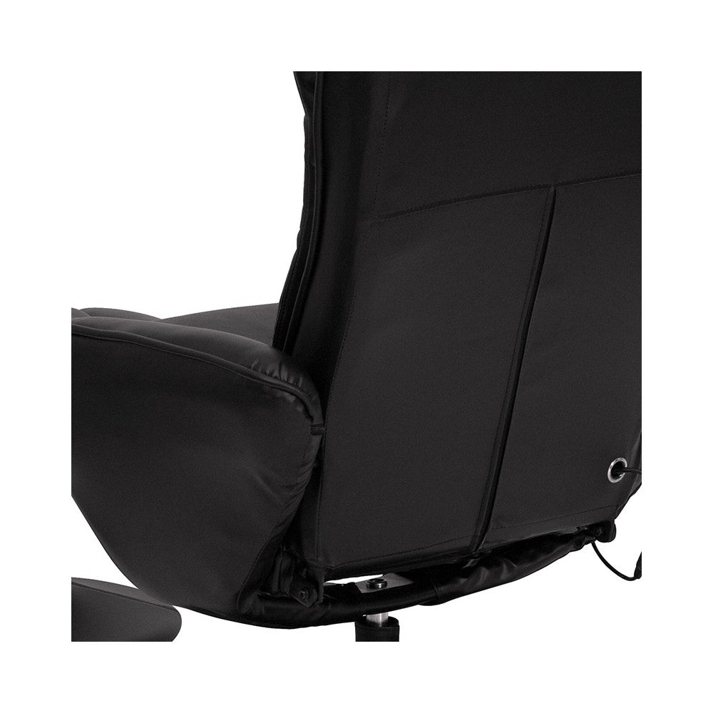 Massaging Multi-Position Plush Recliner with Side Pocket and Ottoman in Black LeatherSoft