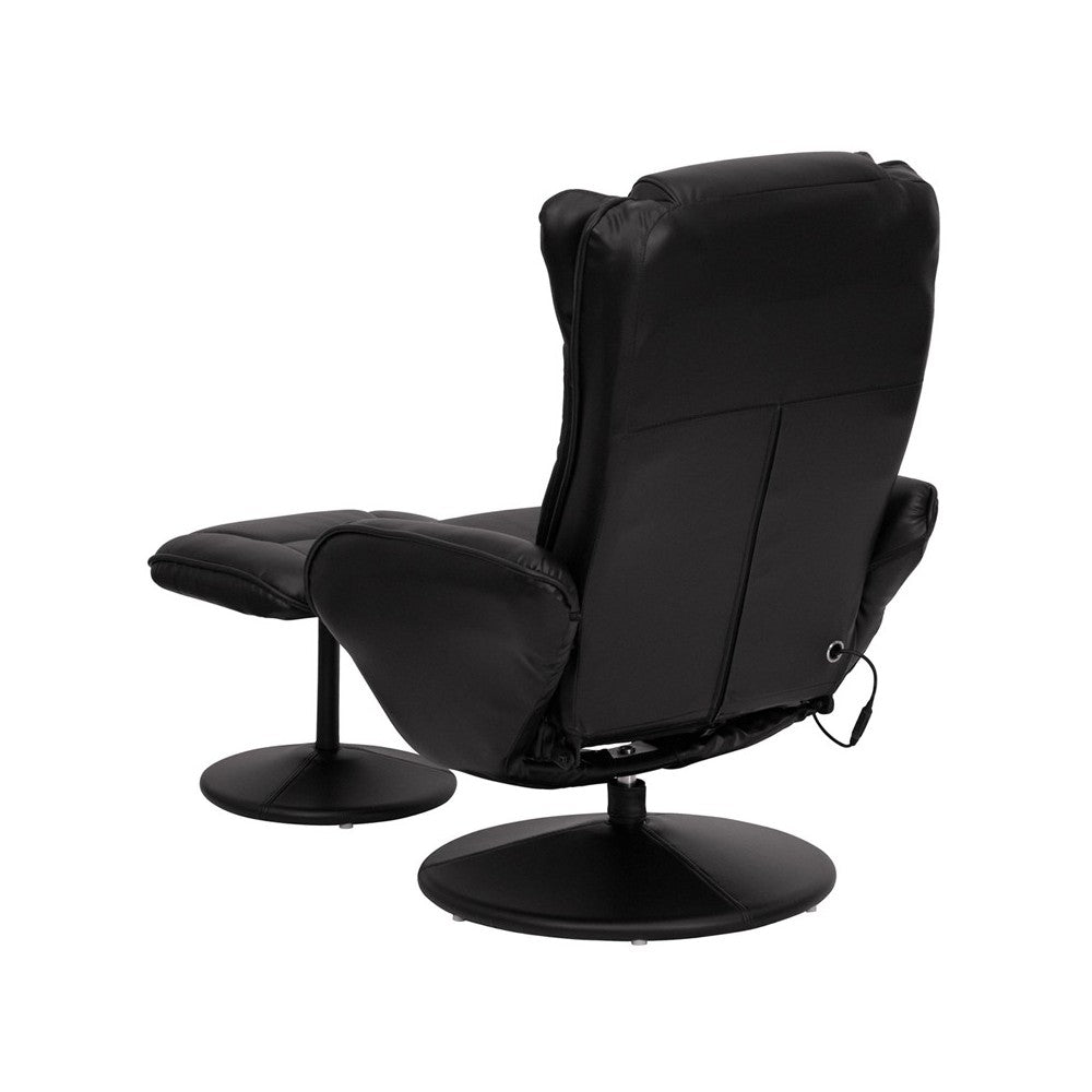 Massaging Multi-Position Plush Recliner with Side Pocket and Ottoman in Black LeatherSoft
