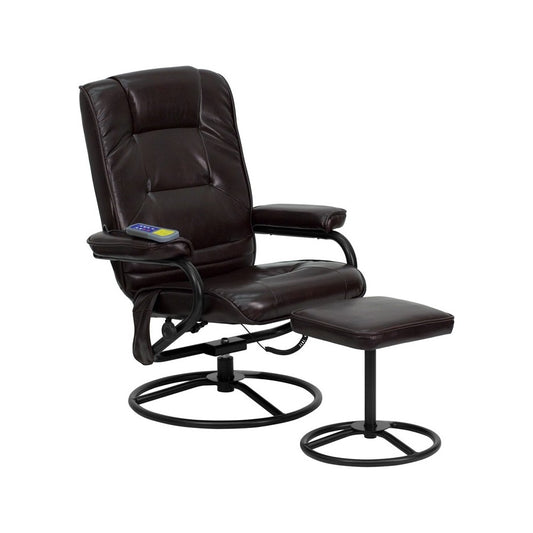 Massaging Multi-Position Recliner and Ottoman with Metal Bases in Brown LeatherSoft