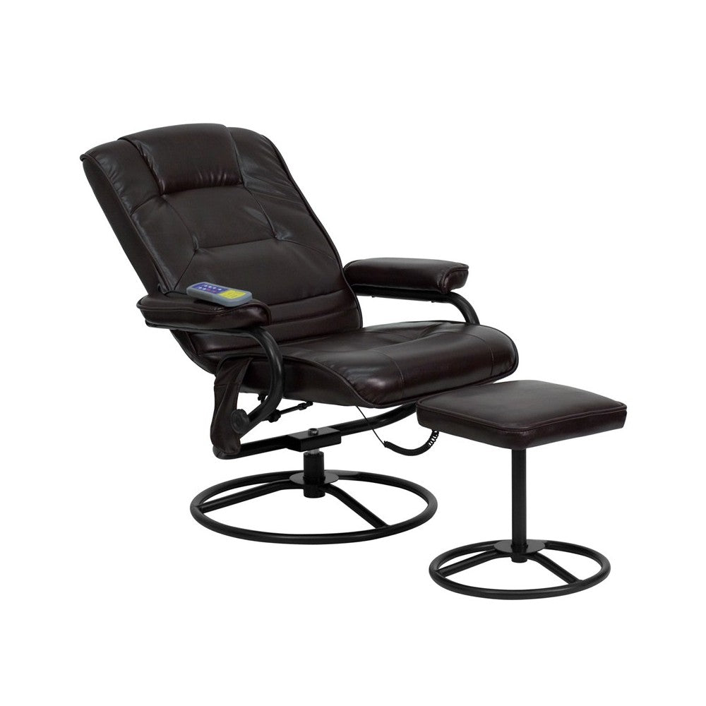 Massaging Multi-Position Recliner and Ottoman with Metal Bases in Brown LeatherSoft