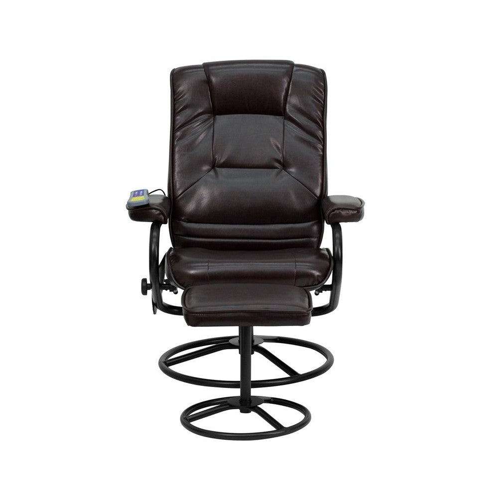Massaging Multi-Position Recliner and Ottoman with Metal Bases in Brown LeatherSoft