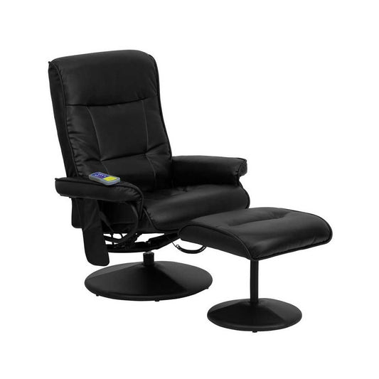 Massaging Multi-Position Recliner with Side Pocket and Ottoman in Black LeatherSoft