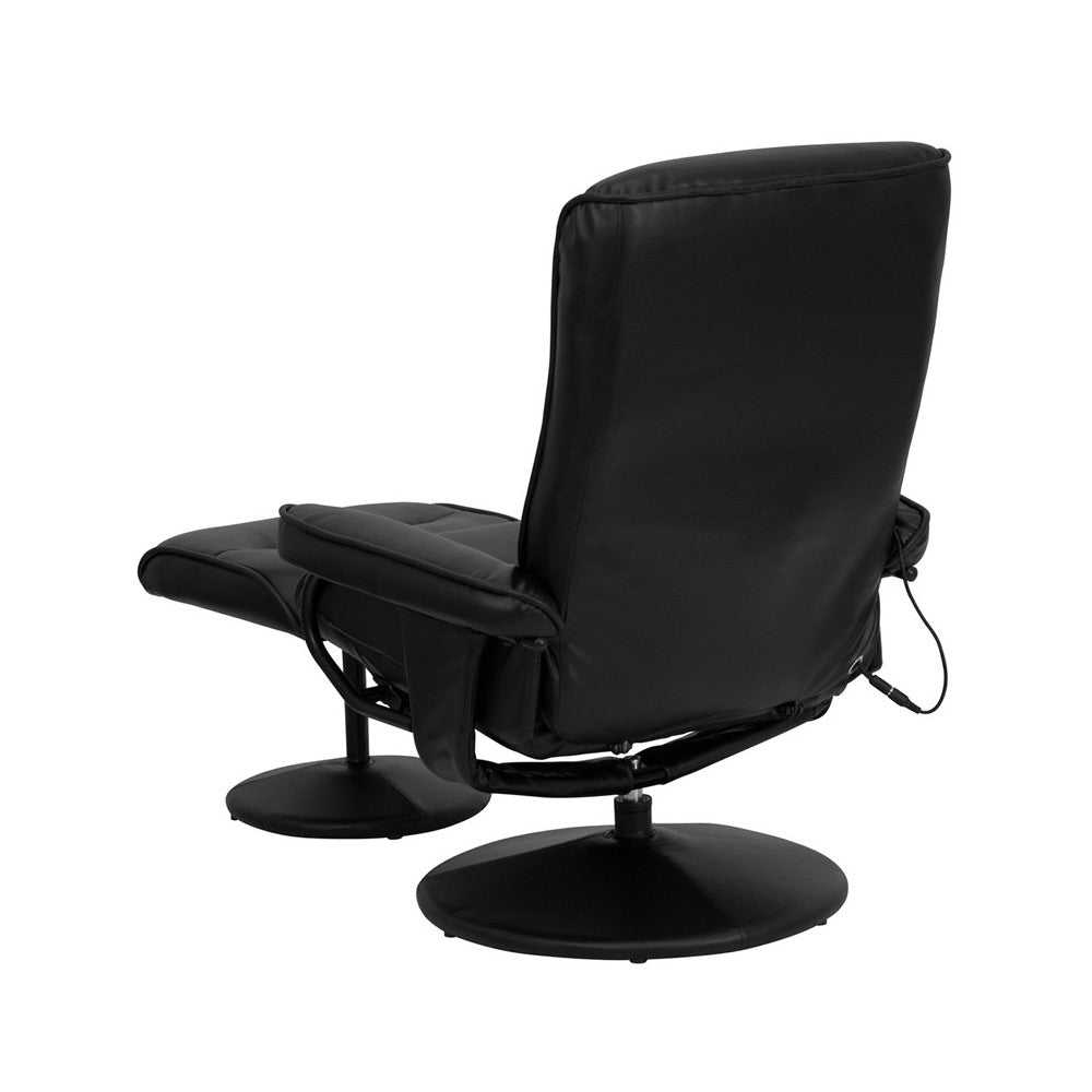 Massaging Multi-Position Recliner with Side Pocket and Ottoman in Black LeatherSoft