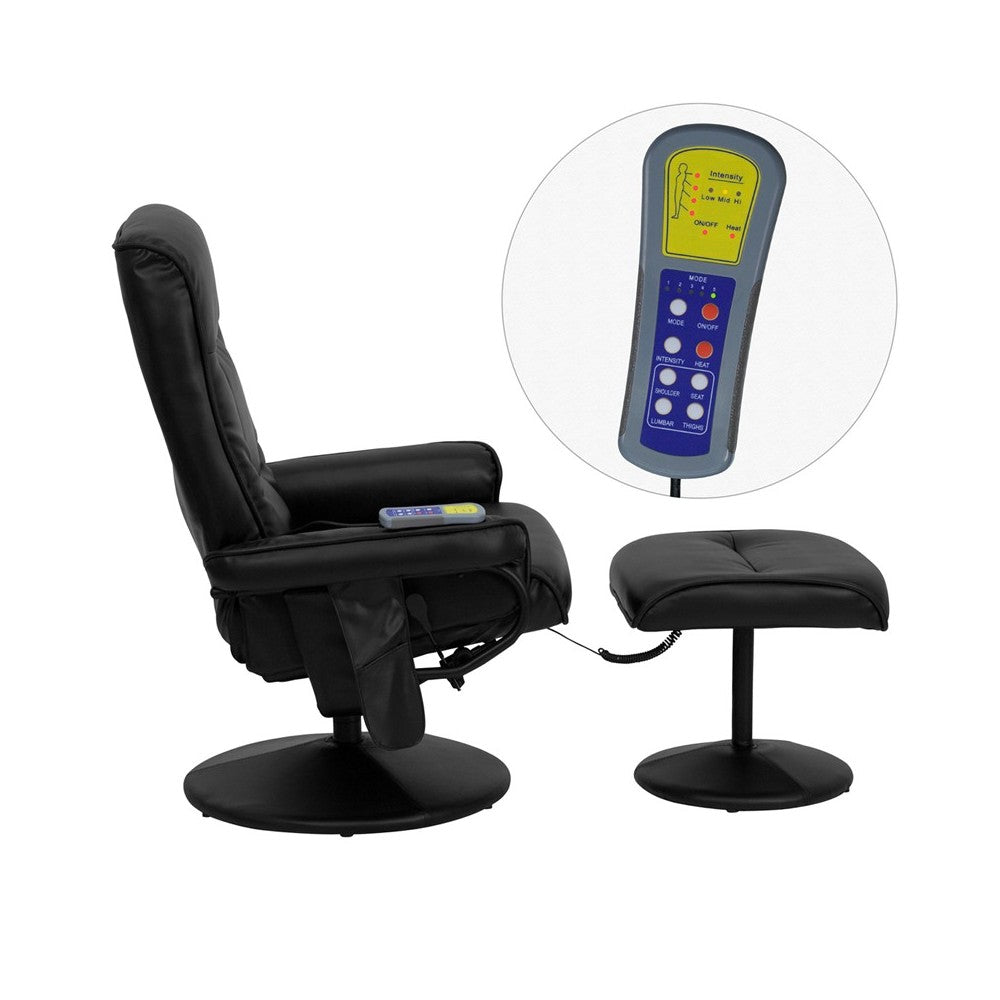 Massaging Multi-Position Recliner with Side Pocket and Ottoman in Black LeatherSoft