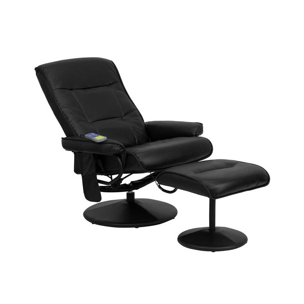 Massaging Multi-Position Recliner with Side Pocket and Ottoman in Black LeatherSoft