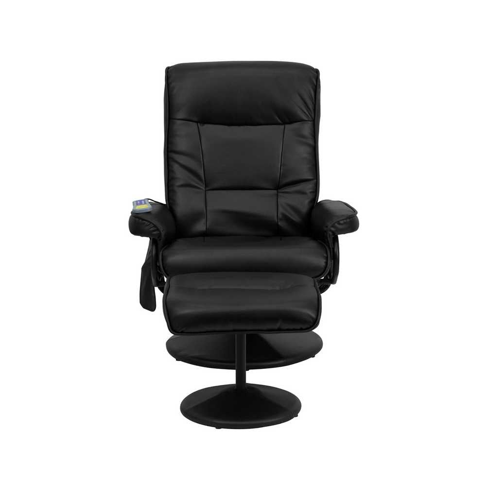 Massaging Multi-Position Recliner with Side Pocket and Ottoman in Black LeatherSoft