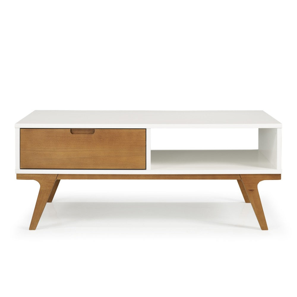 Mateo 1 Drawer Bridge Leg Solid Wood Coffee Table - White/Caramel