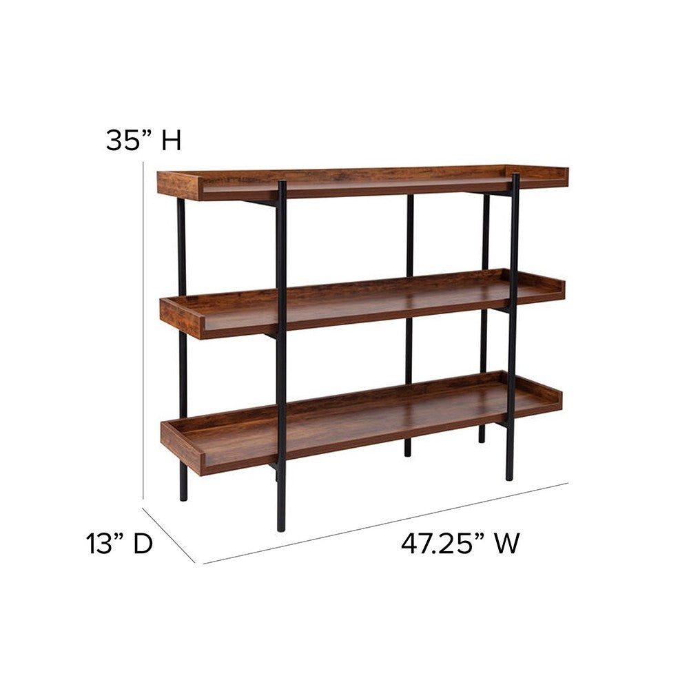 Mayfair 3 Shelf 35"H Storage Display Unit Bookcase with Black Metal Frame in Rustic Wood Grain Finish