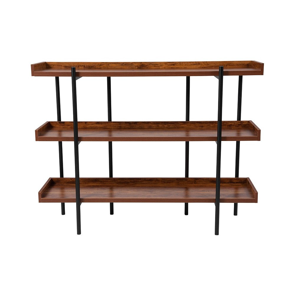 Mayfair 3 Shelf 35"H Storage Display Unit Bookcase with Black Metal Frame in Rustic Wood Grain Finish