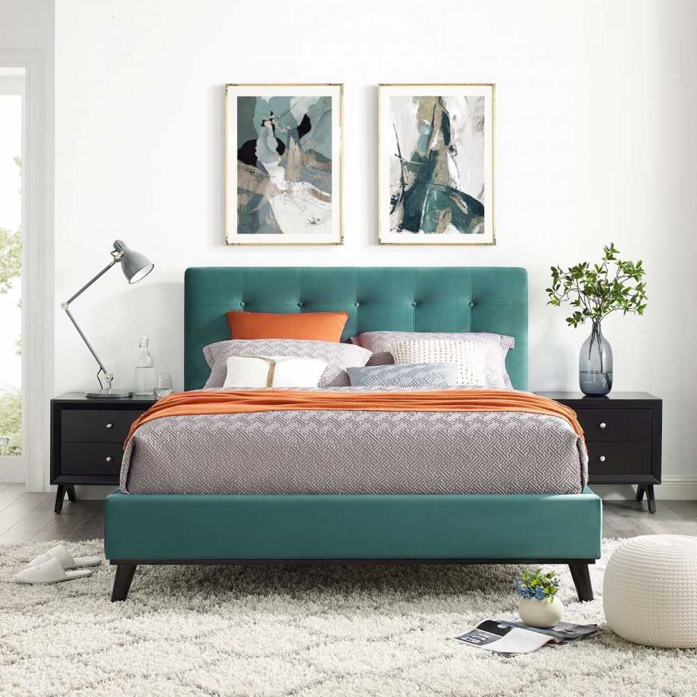 McKenzie Queen Biscuit Tufted Performance Velvet Platform Bed, Teal