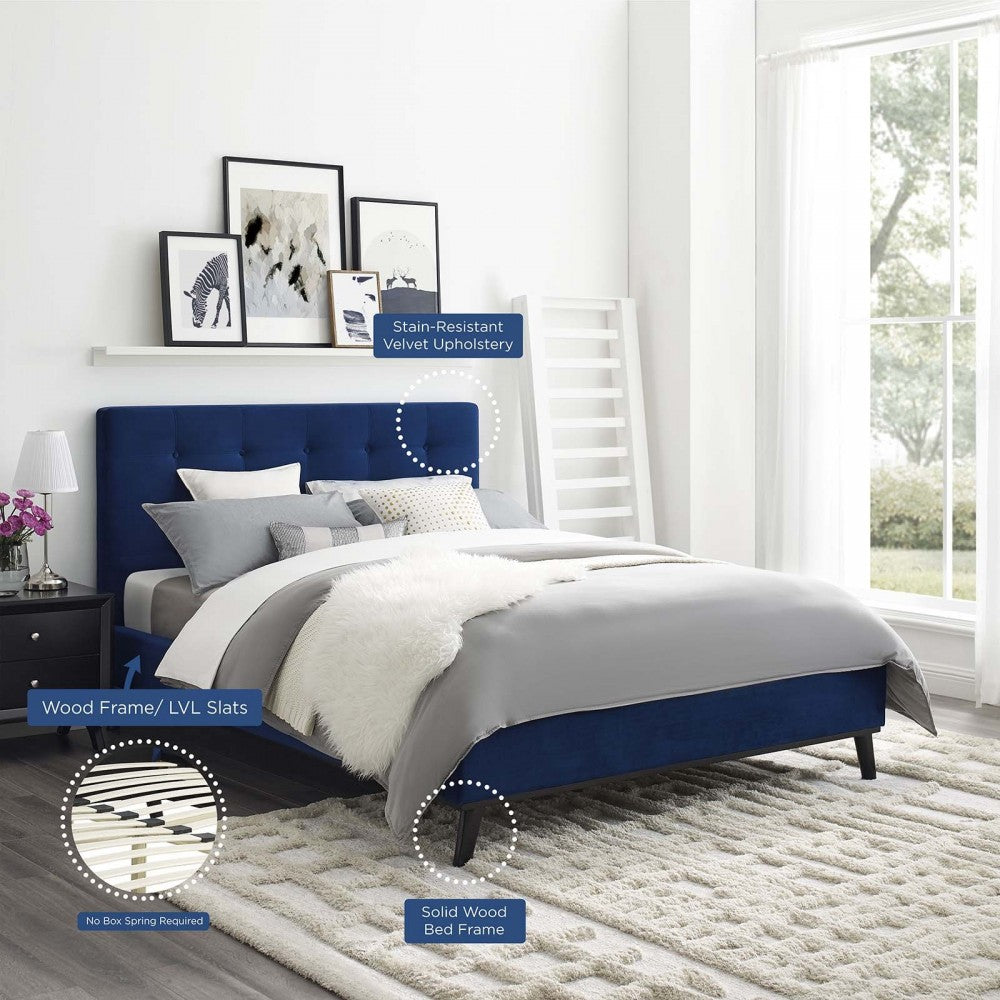 McKenzie Queen Biscuit Tufted Performance Velvet Platform Bed, Navy